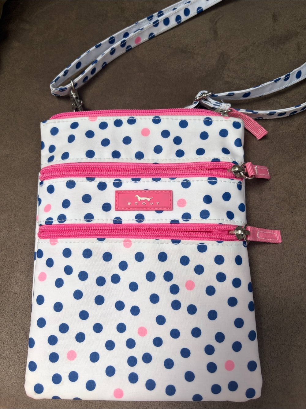 Scout White Crossbody with Navy and Pink Polka Dots